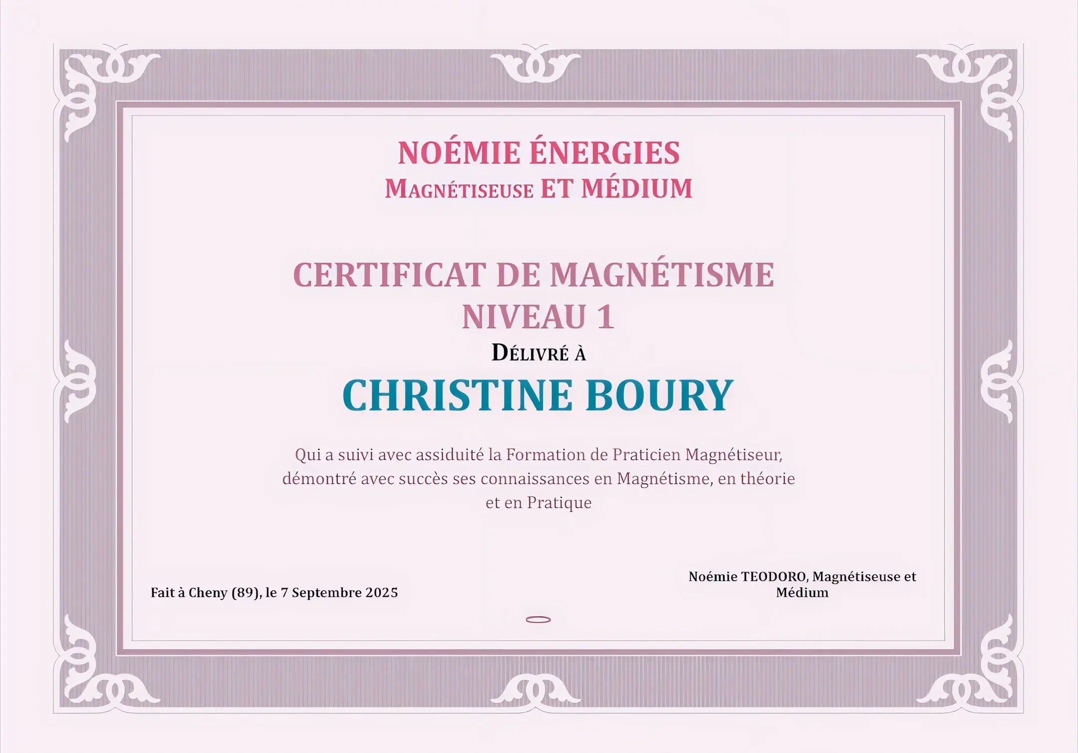 Diplôme de certificat de magnétisme de niveau 1 de Christine Boury